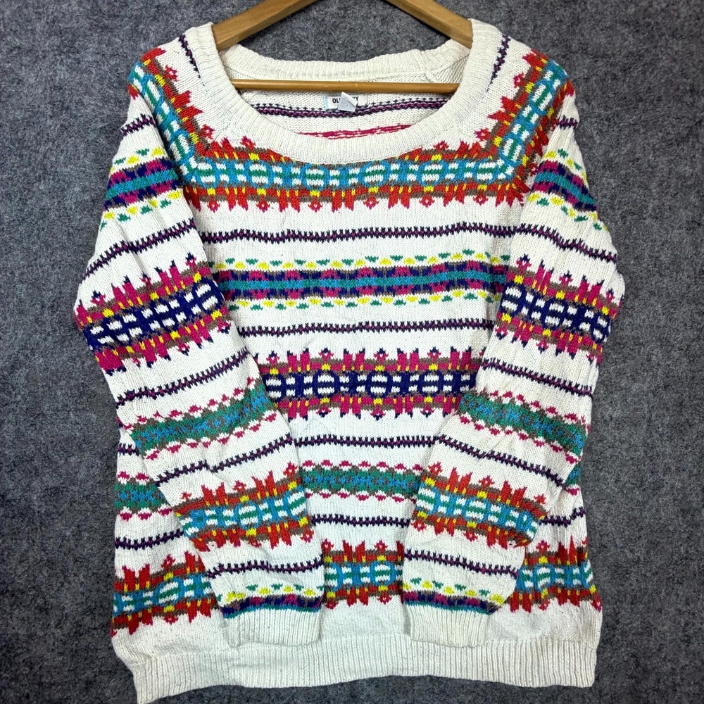 Old Navy Sweater Women Large White Holiday Artsy Folk Retro Indie Boho Apres Ski